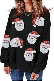 [Ecosunny] Christmas Sweatshirts Womens Sequin Santa Graphic Shirt Csausl Crewneck Long Sleeve Holiday Pullover Tops
