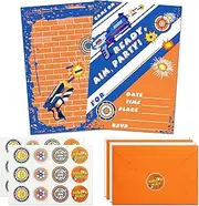 ELGGIH 24 Pack Dart War Birthday Invitations Nerf Gun Party Invitation Cards, Sticker Labels, Envelopes Supplies for Boys Kids Party, Orange,White