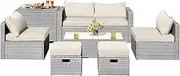 Costway 8-Piece Outdoor Patio Furniture Set, Outdoor Space-Saving PE Rattan Conversation Set,Patio Sectional Sofa Set with Washable Cushion Covers and Waterproof Cover (Off White/Gray)