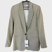 Zara Oversized Vented Linen Blazer Jacket Beige Women's Size Small New