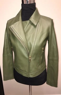 $1095NWT Tory Burch HARPER Asymmetric Zip Collar Lamb Leather Grove Jacket sz0;6