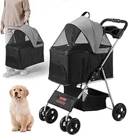 VEVOR Pet Stroller, 4 Wheels Dog Stroller Rotate with Brakes, 35lbs Weight Capacity, Puppy Stroller with Detachable Carrier, Storage Basket and Cup Holder, for Dogs and Cats Travel, Black+Dark Grey