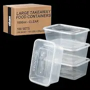 100 Pack Plastic Takeaway Food Containers Disposable with Lids 1000mL - Microwave, Freezer & Dishwasher Safe - Reusable & Stackable Meal Prep Containers - Clear, BPA-Free Food Containers for Storage