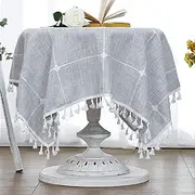 (Square, 90cm x 90cm , Light Grey) - LUCKYHOUSEHOME Cotton Linen Checked Lattice Small Square Tablecloth Embroidery Tassel Table Cover for Home Dinning Tabletop 90cm x 90cm , Grey