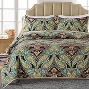 HoneiLife Quilt Set Twin Size - 3 Piece Cotton Bedspreads Paisley Coverlet Lightweight Bedcover Warm Bedding Set All Season Quilts,Coffee