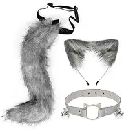 [outret] 3Pcs Faux Fur Ears Headband Animal Fox Tail Cosplay Costume Hair Hoop Headdress Leather Neck Chocker for Halloween