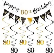 80th Birthday Decoration Kit - Happy Banner, Bunting, Swirls, Streamers, Triangle Flag for Party Supplies - Black and Gold