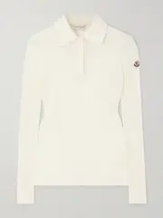 [Moncler] Moncler - Ribbed Cotton-blend Polo Shirt - Off-white - large large Off-white