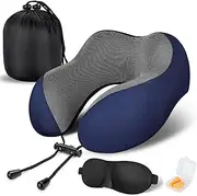 [Generic] Daseeme Travel Pillow 100% Pure Memory Foam Neck Pillow, Comfortable & Breathable Cover, Machine Washable, Airplane Travel Kit with 3D Contoured Eye Masks, Earplugs, and Luxury Bag, Standard (Black)