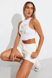 White Graphic Tank Crop Contrast Ringer Singlet Top - Size 8, Women's Graphic Tee