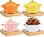 4 Set 7 Oz Ceramic Mini Cocotte with Lid and Wooden Base Small Casserole Dishes