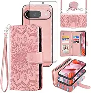 [Asuwish] Phone Case for Google Pixel 9/9 Pro 5G Zipper Wallet Magnetic Detachable Cover with Screen Protector Crossbody Lanyard Strap Flower Flip Card Holder Slot Pixel9 9Pro Nine Women Men Rose Gold