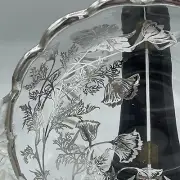 VTG 8” GLASS DISH SILVER INLAY FLOWERS W HANDLES Silver city Glass Co SPRINGTIME