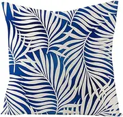 Linen Pillow Cover Japandi Cushion Cover for Outdoor Furniture Chair Blue White Couch Pillow Covers Farmhouse Style Cushion Cover for Outdoor Furniture Chair Leaves Pattern 50x50 cm