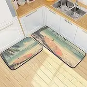 Surfboard Retro Beach Kitchen Mats for Floor, 2 Piece, Funny Cute Washable Non-Slip Kitchen Rugs Set for Home & Office, Sink, Laundry, 19.7” x 27.6” + 19.7” + 47.2”