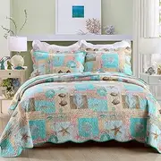 YAYIDAY Cotton Bedspreads Quilt Set Marine Theme - Breathable Spring Summer Autumn Fall Bed Blanket - Floral Quilted Coverlet with Shams, Star Fish Coral Shell Print Queen