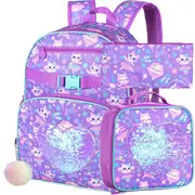3 Piece Girls Backpack Set With Sequin Cat Design