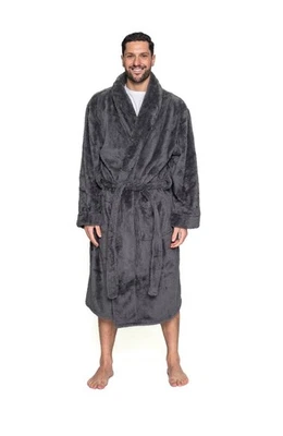 Mens Grey Winter Plush Coral Fleece Dressing Gown Bath Robe