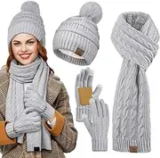 [URATOT] Women Winter Beanie Hat Scarf Gloves 3 in 1 Set for Women Fleece Lined Beanie Pompom Hat Touchscreen Gloves Long Scarf