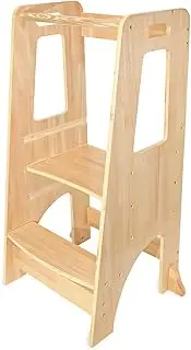 Kids Kitchen Step Stool with Safety Rail, Height Adjustable Toddler Standing Tower, Wooden Children Learning Stool Helper for Kitchen Counter, Bathroom