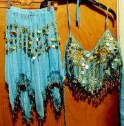 Gypsy 2 Piece Womens Blue Crop Top Belly Dance Shiny Gold Outfit Costume Adt Sz