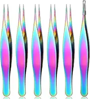6 Pieces Pointed Tweezers Ingrown Hair Tweezers Precision Needle Point Tip Tweezers Stainless Steel Tweezers for Nose Facial Hair Eyebrow Blackhead Remover (Rainbow Color)