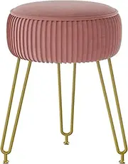 IBUYKE Velvet Round Footrest Ottoman, Makeup Vanity Stool Side Table, Velvet Dressing Table Seat, Pouf Couch Stool, Golden Steel Legs, Pink LG-30P