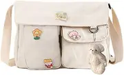 [JQWSVE] Canvas Crossbody Bag with Kawaii Pins and Pendent for Women Girls Casual Shoulder Messenger Bag Students Schoolbag