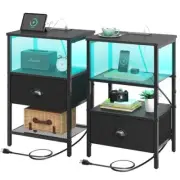 Sthmec Nightstands Set of LED Bedside Tables with Charging Station and 2 Black
