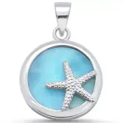 Natural Round Larimar With Starfish .925 Sterling Silver Pendant