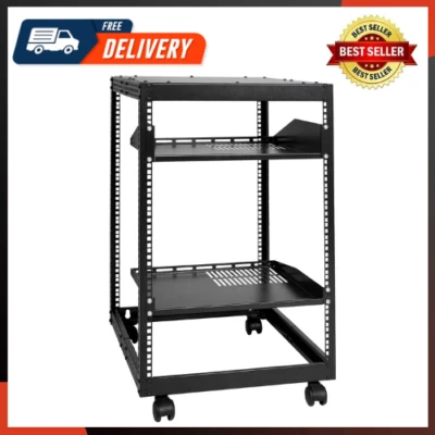 15U Open Frame Server Rack 23''-40'' Adjustable Depth Free Standing or Wall