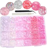9000PCS Flatback Pearls and Rhinestones for Crafting, Pink White Mixed Size 3-8mm Resin Rhinestones and Half Pearls for Bedazzling, Nail Art and Jewellry Gem Decoration with Tweezer and Pickup Pencil