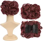 SWACC Short Messy Curly Dish Hair Bun Extension Easy Stretch hair Combs Clip in Ponytail Extension Scrunchie Chignon Tray Ponytail Hairpieces (Dark Wine Red-99J#)