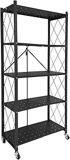 5-Tier Standing Rack with Wheels, No Assembly Foldable Bakers Storage Rack Bookshelf, 5-Tier Large Kitchen Storage Shelf Rack for Microwave Oven Pots and Pans
