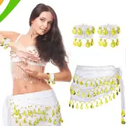 1PCS White Chiffon Gold Coin Belly Dance Hip Skirt with 1 Pair Bracelets Party