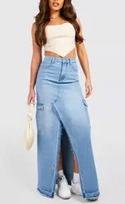 NWT! Boohoo TALL CARGO SPLIT FRONT FRAYED DENIM MAXI SKIRT US 12 UK 16