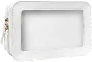 [Generic] Clear Makeup Bag Organizer, Portable Travel Toiletry Bag Multipurpose Cosmetic Bag Case for Women Vegan Leather Make Up Pouch Transparent Vinyl Windows, White, Travel Toiletry