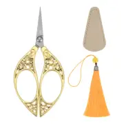 4.3" Mini Vintage Leaf Embroidery Scissors with Tassel Leather Cover Gold