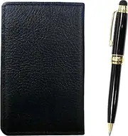 [タキザワ] MEIB-TK66A Grain Cowhide Black Business Card Holder Smartphone Touch Metal Mini Retro Rotating Ballpoint Pen Set