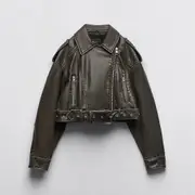 Women Autumn Pu Leather Jacket Zipper Belt Lapel Short Coat Female Motorcycle Black Faux Leather Outwear olive green S
