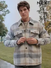Light Grey Borg Lined Check Shacket (E45841) | $96