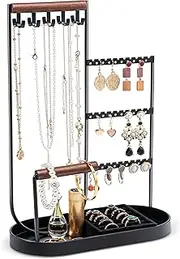 ProCase Jewelry Organizer Jewelry Holder Jewelry Stand with Velvet Ring Tray and Study Metal Frame, Necklace Holder Organizer Bracelet Display Storage Rack for Studs Rings -Black