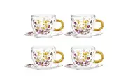 8pc Ashdene Pressed Flowers 350ml Double Walled Glass Tea Cup Mug & Saucer Set