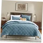 Velvet Quilt Set Queen Size, Light Blue Luxury Velvet Comforter Set 3 Pieces