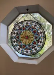 24" Tiffany Style Stained Glass Victorian Round Window Panel Suncatcher