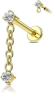 [Agrewd] Minimalist Flat Back Helix Tragus Labret Piercing Jewellery Gold Silver G23 Solid Titanium Helix Cartilage Earrings Stud 16G Internally Threaded Helix Earrings with Dangle Chain for Women Men