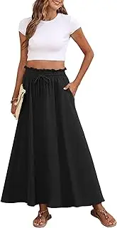 [Askyes] Womens Maxi Skirt Summer Tie Knot Elastic High Waisted Boho Casual Beach Flowy Swing Long Skirts with Pockets, Black, 3X-Large