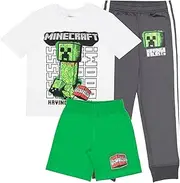 [Minecraft] Boys 3-Piece Creeper Pants Set - Short Sleeve T-Shirt, Shorts, & Jogger Pants 3-Pack Bundle Set for Boys