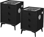 [OIKITURE] Wireless Charging Bedside Tables – Nightstands with LED Light, USB Ports, 3 Drawers Bedside Table Set of 2(Black Finish)