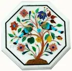 Octagon White Marble Coffee Table Top Nature Pattern Inlay Work Corner Table